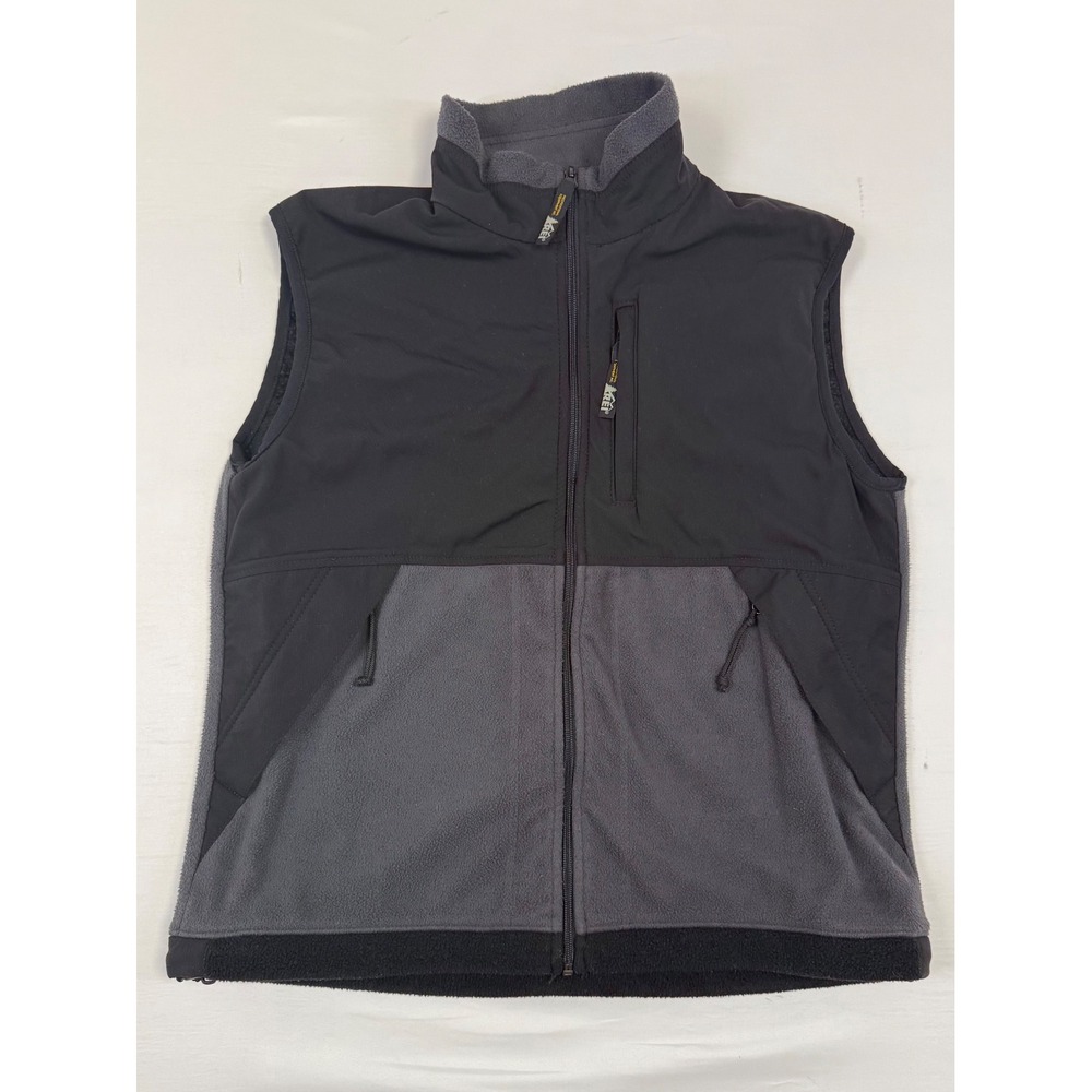 REI Womens Large Black Gray Hybrid Fleece Softshell Full Zip Vest Made in USA